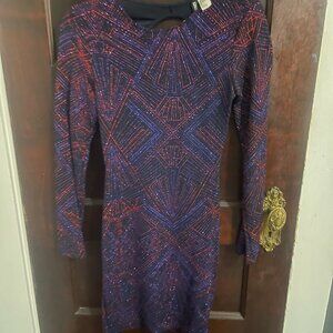 H&M Divided Glitter Mini Dress, Art Deco Pattern, Red, Navy, Bodycon, Open Back